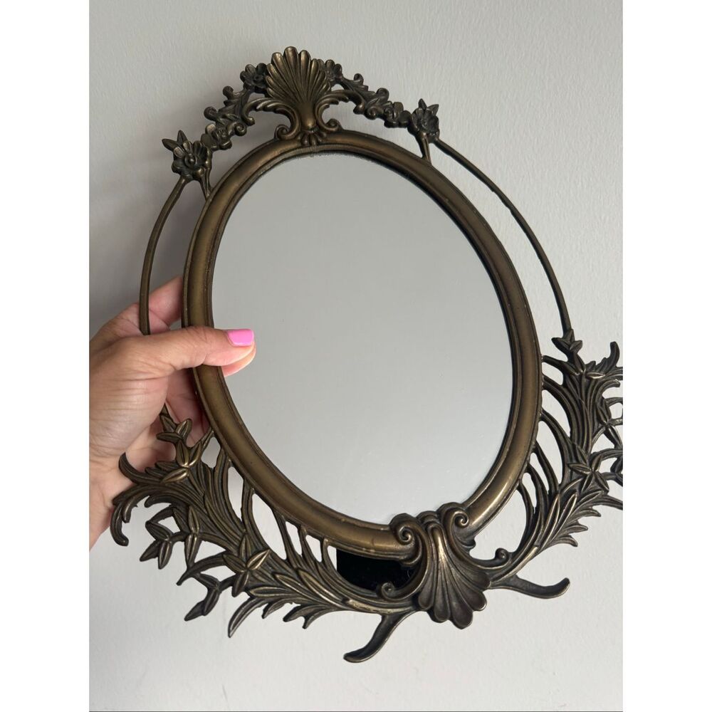 Vintage Antique Ornate Mirror With Floral And Scrollwork Design Bronze Finish
